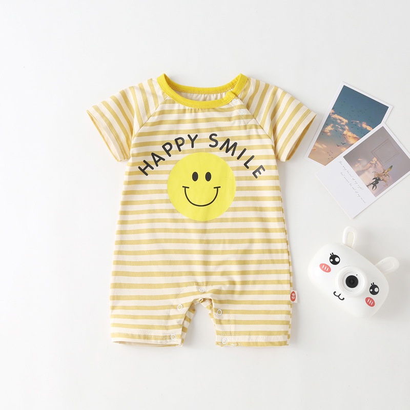 Bộ Áo Liền Quần Ngắn Tay Họa Tiết Kẻ Sọc Thời Trang Mùa Hè Cho Bé Trai Sơ Sinh