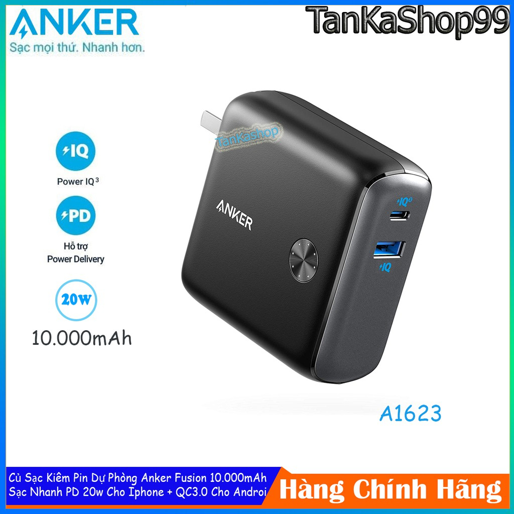 Củ Sạc Kiêm Pin Dự Phòng Anker Fusion 10.000mAh - A1623, Sạc Nhanh PD 20W Cho ip, QC 3.0 Cho Androi