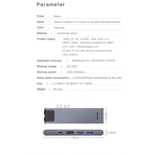 [Baseus]HUB sạc thông minh 7 in 1 Baseus Thunderbolt Dual Type-C đa chức năng dành cho MacB Pro