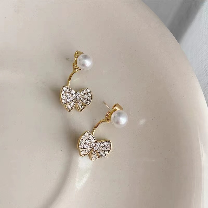 Bông Tai Mạ Bạc 925 Hình Nơ Đính Đá Ngọc Trai Giả Phong Cách Thời Trang Hàn Quốc