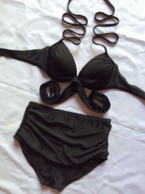 [BIKINI CÓ SẴN] Bikini Đồ bơi hai mảnh áo chéo eo đen mix quần nhún lưng cao che bụng