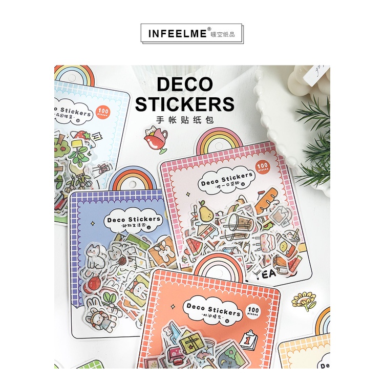 Set 100 miếng dán washi dễ thương tươi mới trang trí sổ tay 6 phong cách tùy chọn