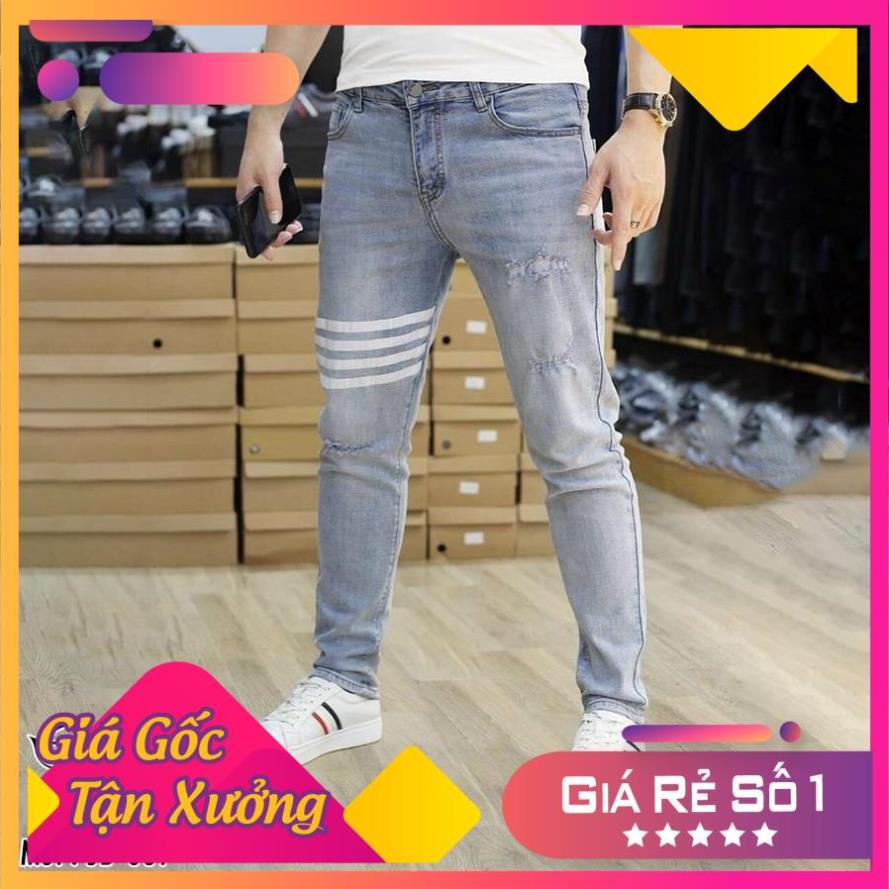 Quần Jean Nam xanh wash kẻ 4 sọc ngang đùi TSM chất liệu jean thun co giãn đa chiều phong cách giá gốc xưởng