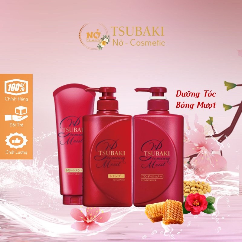 Bộ sản phẩm Gội Xả - Dầu Gội TSUBAKI Đỏ Dưỡng tóc bóng mượt Premium Moist Tsubaki (490ml/chai) Nở cosmetic