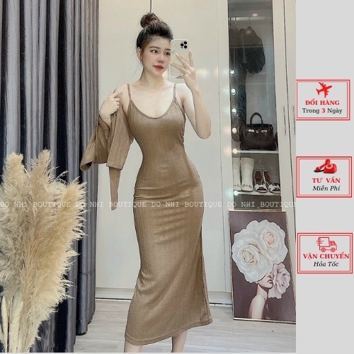 Set đầm body nữ 2 dây maxi dáng dài kèm áo khoác cardigan mùa thu đông ulzzang Hàn Quốc cao cấp