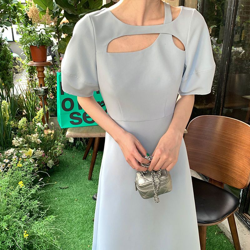 Honypove Đầm Tay Ngắn Cổ Tròn Có Khóa Kéo Thời Trang Hàn Quốc Cho Nữ