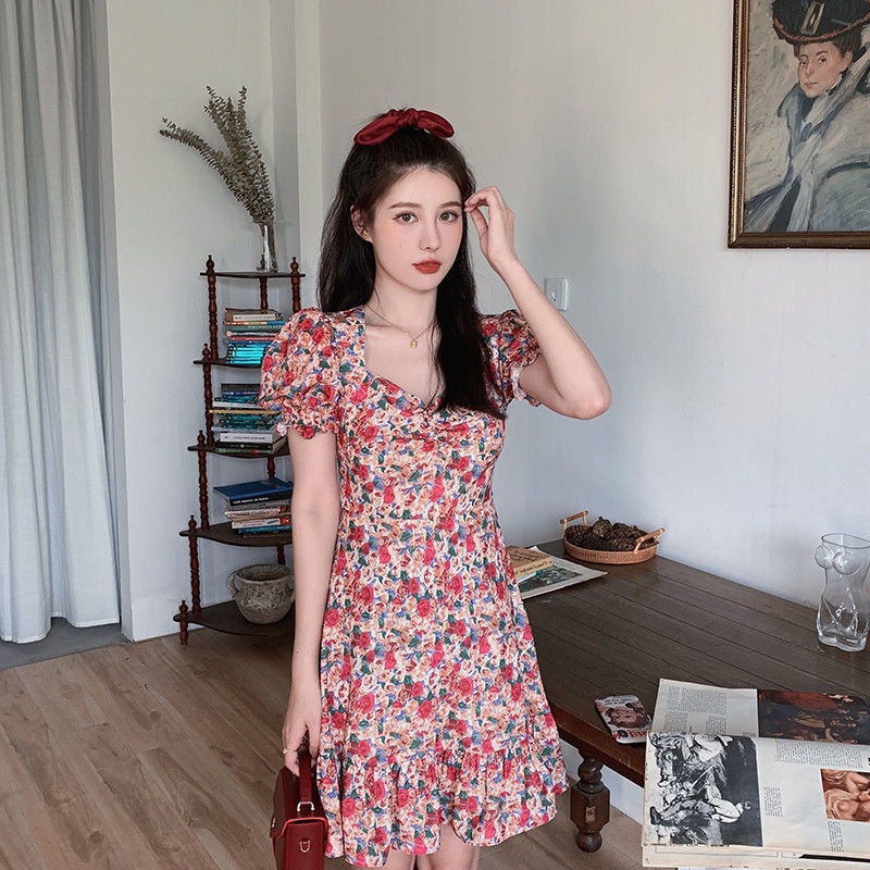 [MURIOKI] Đầm Mini Cổ Vuông Tay Phồng In Họa Tiết Hoa Phong Cách Pháp Ngọt Ngào Thời Trang Cho Nữ