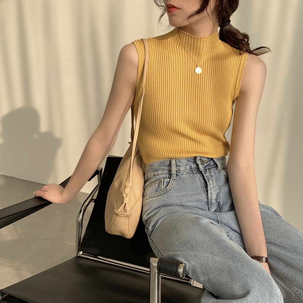 Áo Dệt Kim Sát Nách Màu Sắc Đơn Giản Phong Cách Hàn Quốc
