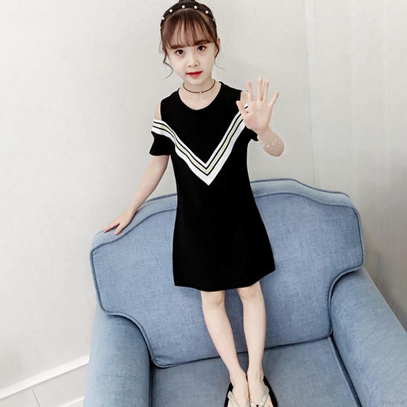 Đầm Sọc Ngang Khoét Vai Thời Trang Cho Bé Gái