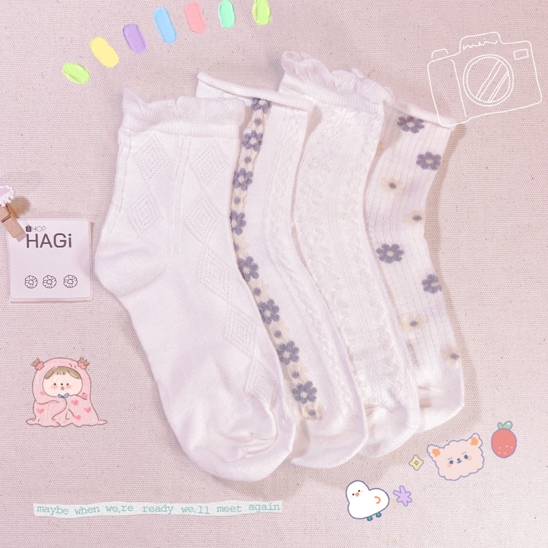 Set 4 Đôi Tất nữ Vintage Trắng Phối Ren Hoạ Tiết Hoa Mùa Xuân Dễ Thương Phong cách Hàn quốc Học sinh Sinh Viên