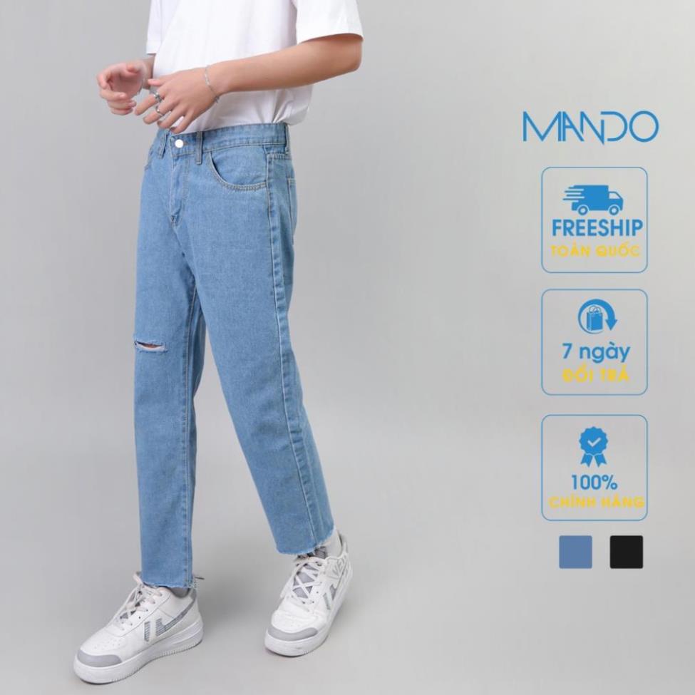 Quần Jean Nam Rách Gối MANDO Vải Bò Cao Cấp 2 Màu Xanh Đen Form Suông Rộng Basic Unisex Thời Trang Hàn Quốc QJN056 ! :