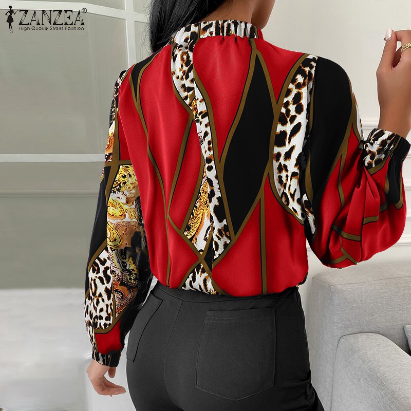 Áo blouse nữ ZANZEA dáng rộng tay phồng in da báo thanh lịch