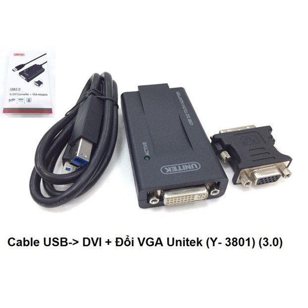 Bộ chuyển đổi tín hiệu từ máy tính cổng usb 3.0 sang DVI I 24+5  đầu cái  + đầu chuyển DVI i sang VGA lỗ Unitek Y3801