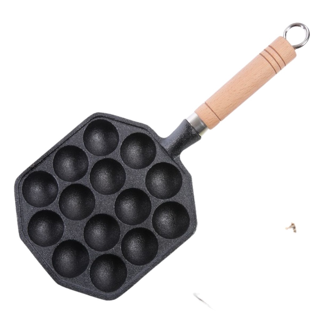Khuôn Takoyaki 14 lỗ làm bánh bạch tuộc chống dính bằng gang (Tặng kèm 1 cọ quét dầu + 1 cặp xiên làm bánh)