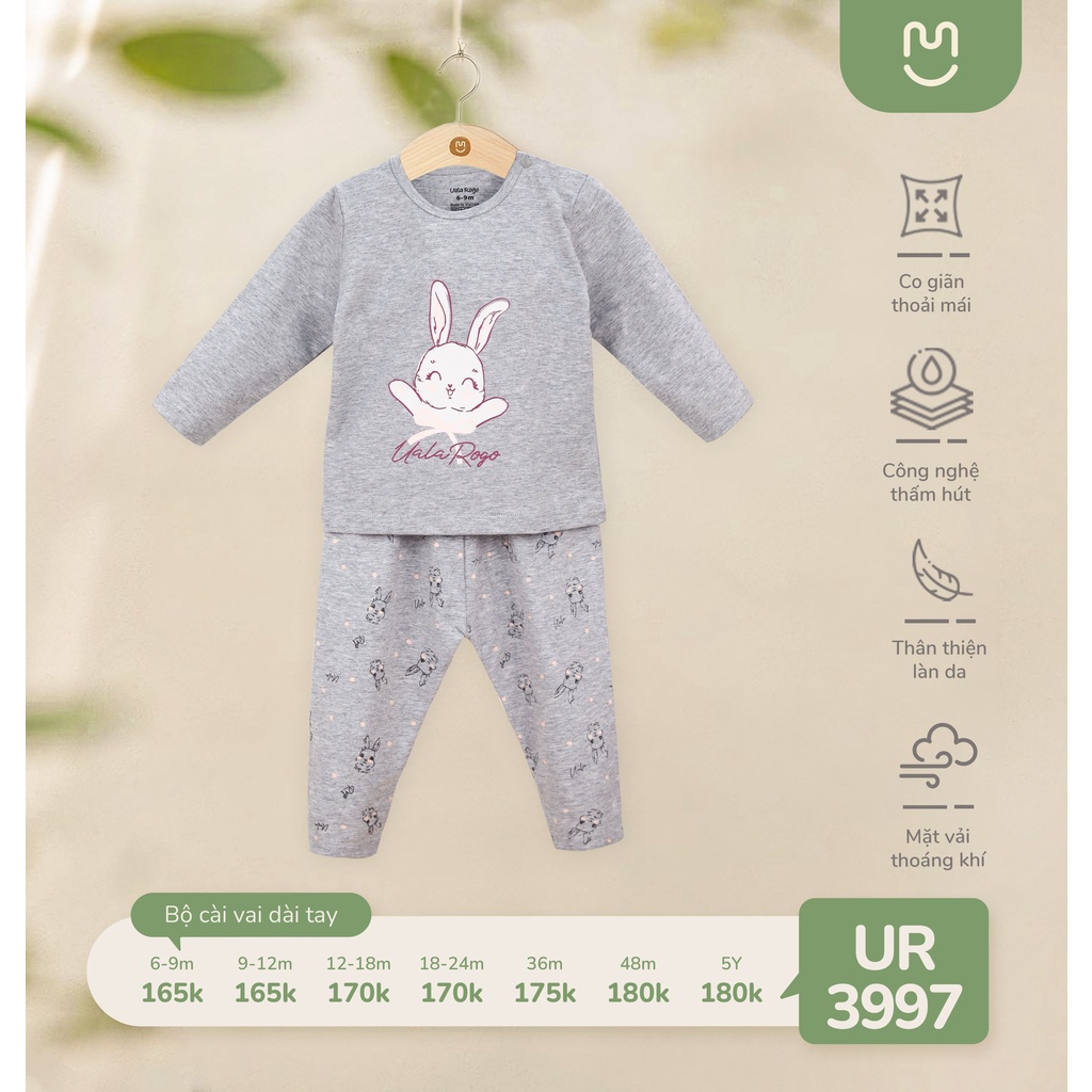Bộ QA dài tay cài vai bé gái UalaRogo chất liệu nỉ cotton thu đông cho bé 6 tháng - 5 tuổi