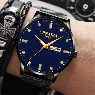 (CHUẨN MEN 2019) Đồng Hồ Nam CRNAIRA JAPAN CR28 Mặt Đính Đá Sang Trọng 2 Lịch Máy Mỏng Dây Thép Mành Cao Cấp _Full Box