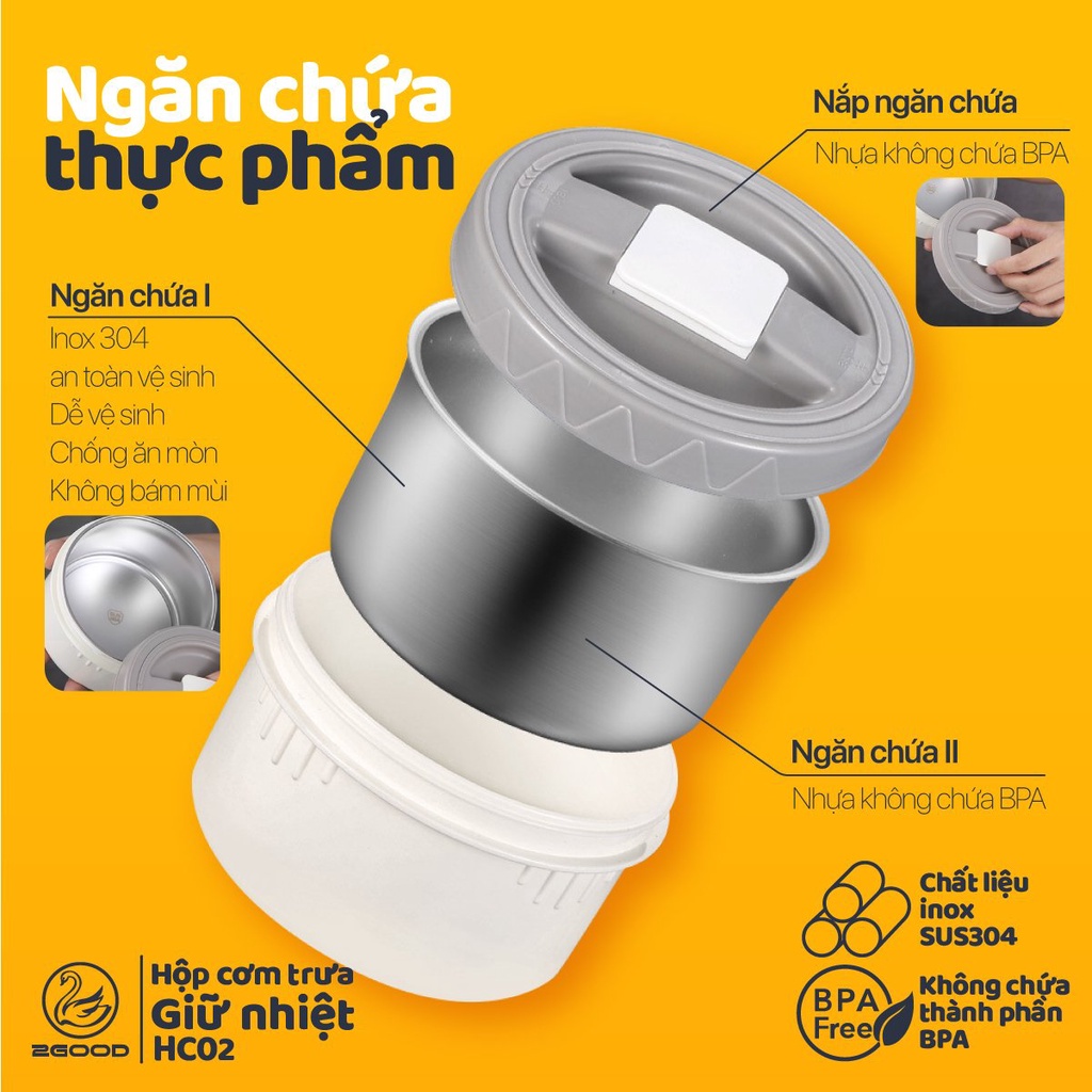 Hộp Cơm Giữ Nhiệt 2GOOD HC02 (2.0L) - Chống trào, Kèm Túi - Đũa - Thìa, Bảo Hành 5 năm - HAPOS