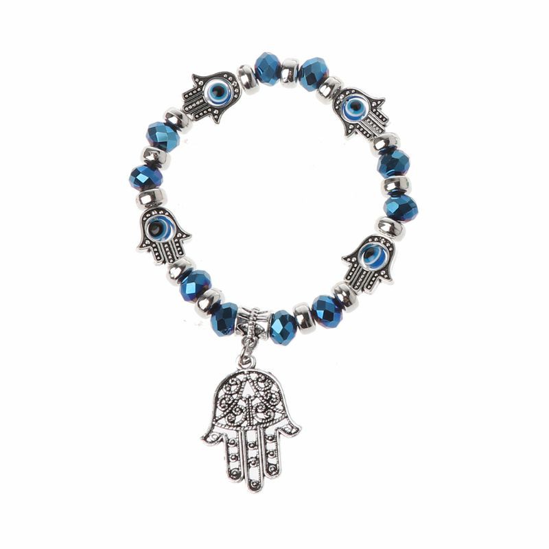 Vòng tay co giãn xanh phối chuỗi hạt hình mắt quỷ độc đáo
