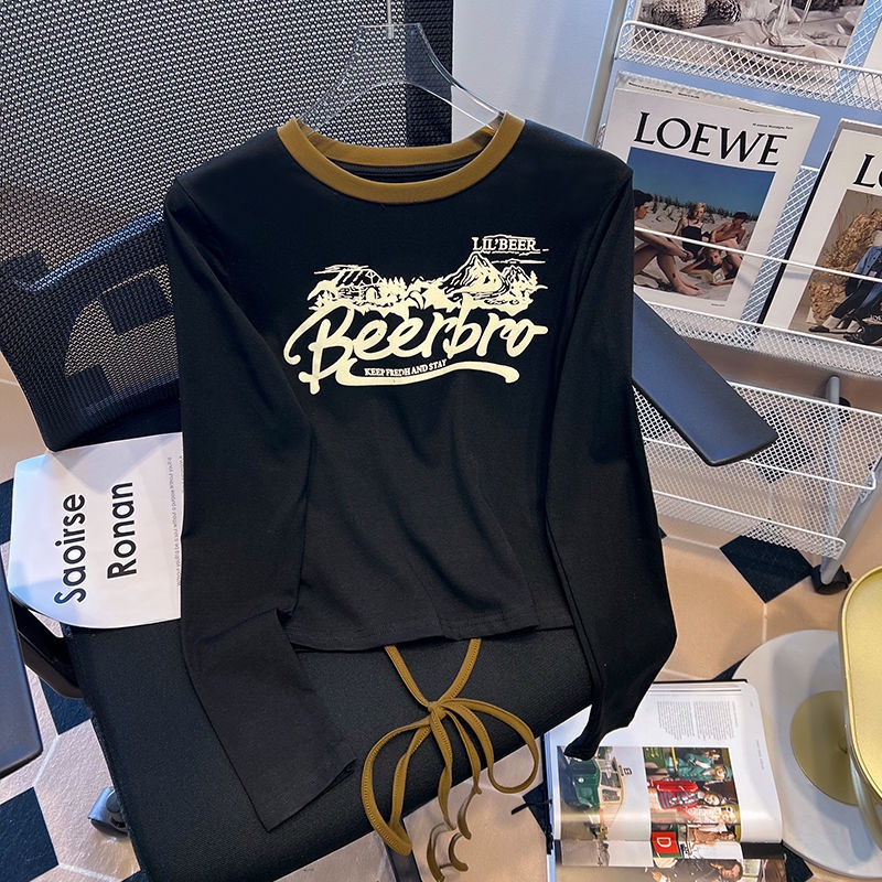 Áo Thun Tay Dài In Chữ Màu Sắc Tương Phản Phong Cách Retro Dành Cho Nữ