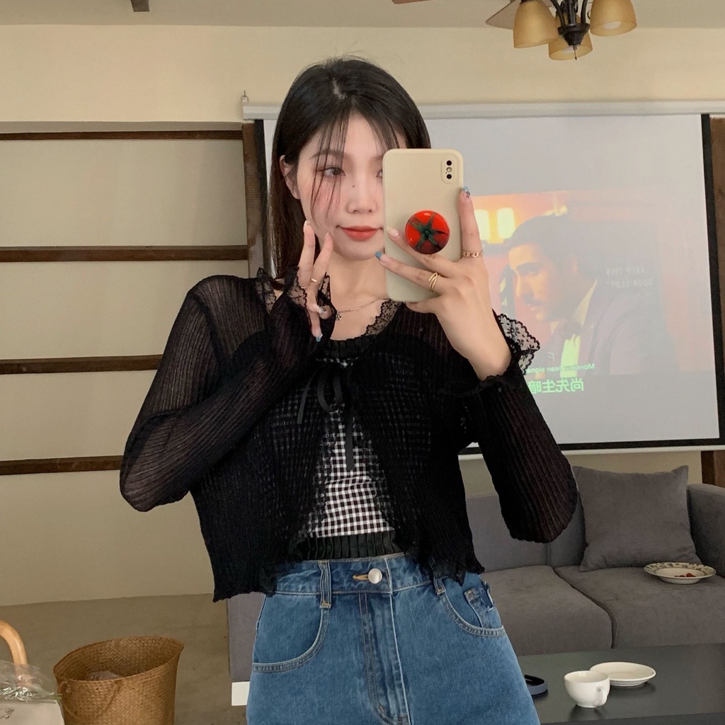 Áo khoác cardigan ZHELIHANGFEI dệt kim tay dài chống nắng cột dây thời trang trẻ trung