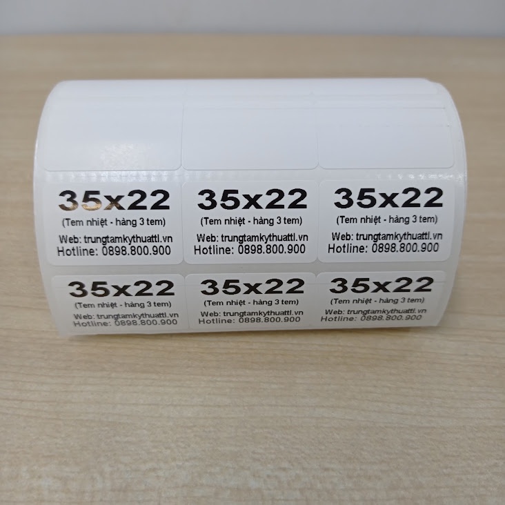 Giấy in mã vạch, decal nhiệt 35x22 khổ 110mm cuộn 30m có 3 tem 1 hàng