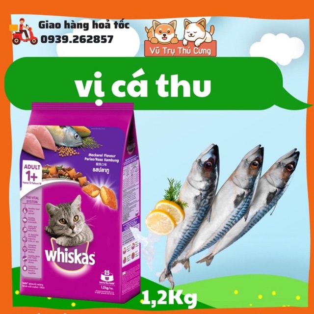 Hạt Whiskas dành cho mèo trưởng thành đủ 3 vị, bịch 1.2Kg