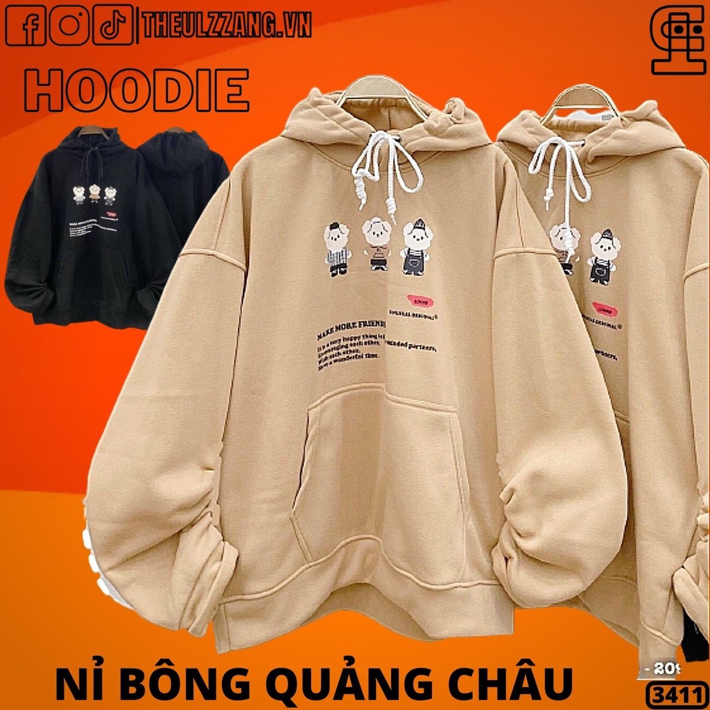 Áo Khoác Hoodie Nam Nữ Nỉ Bông Tay Phồng Cánh Dơi Hàng UNISEX Áo Hoodie Nỉ Sweater Nam Nữ in 3 GẤU - AK3411