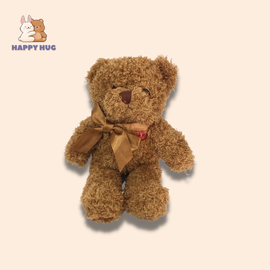 Gấu bông xù size nhỏ 25 cm xinh xắn, dễ thương, mềm mịn, đính nơ lụa, thú nhồi bông cao cấp - Happy Hug