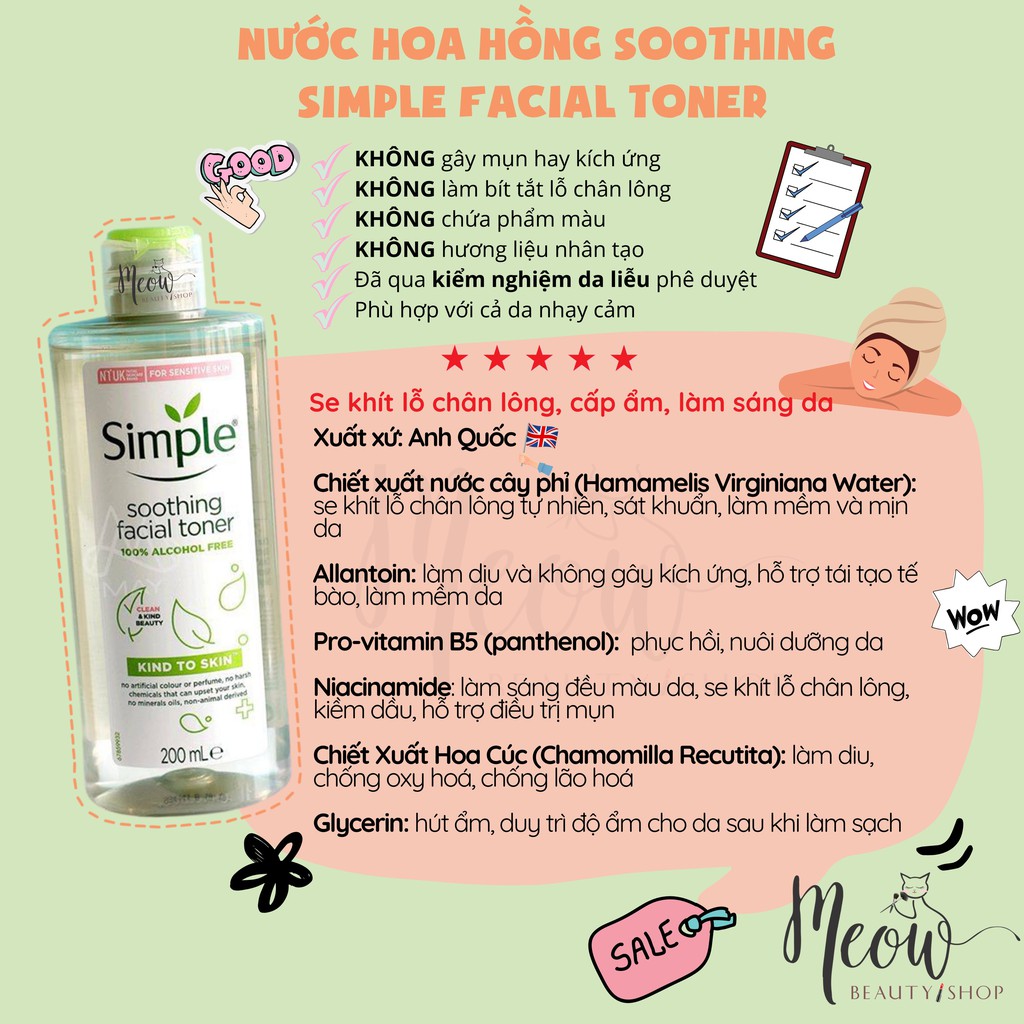 Nước Hoa Hồng Soothing Facial Toner Simple cân bằng ẩm cho da 200ml