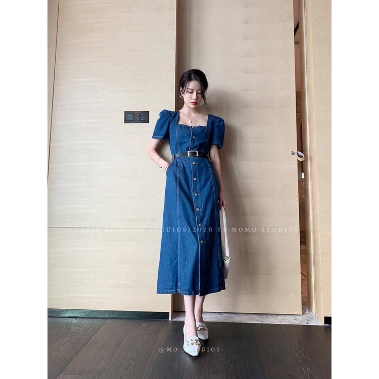 Đầm Denim Dài Dáng Chữ a Cổ Vuông Tay Phồng Phong Cách Pháp Thời Trang Mùa Hè Hàng Mới 2021 Dành Cho Bạn Nữ