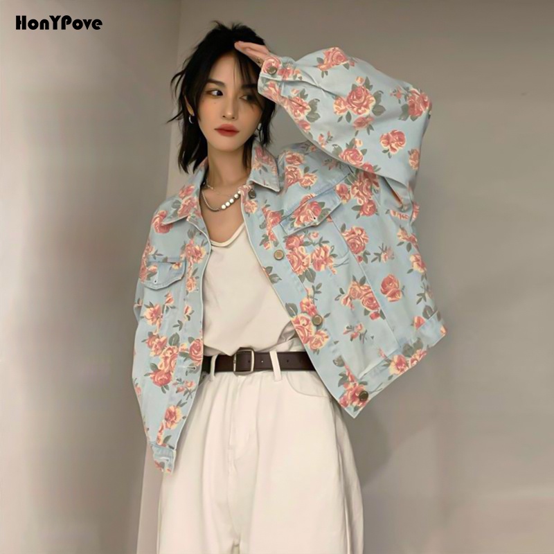 Honypove ○Áo khoác Denim dáng ngắn in hoa phong cách retro thời trang mùa thu 2021 dành cho nữ