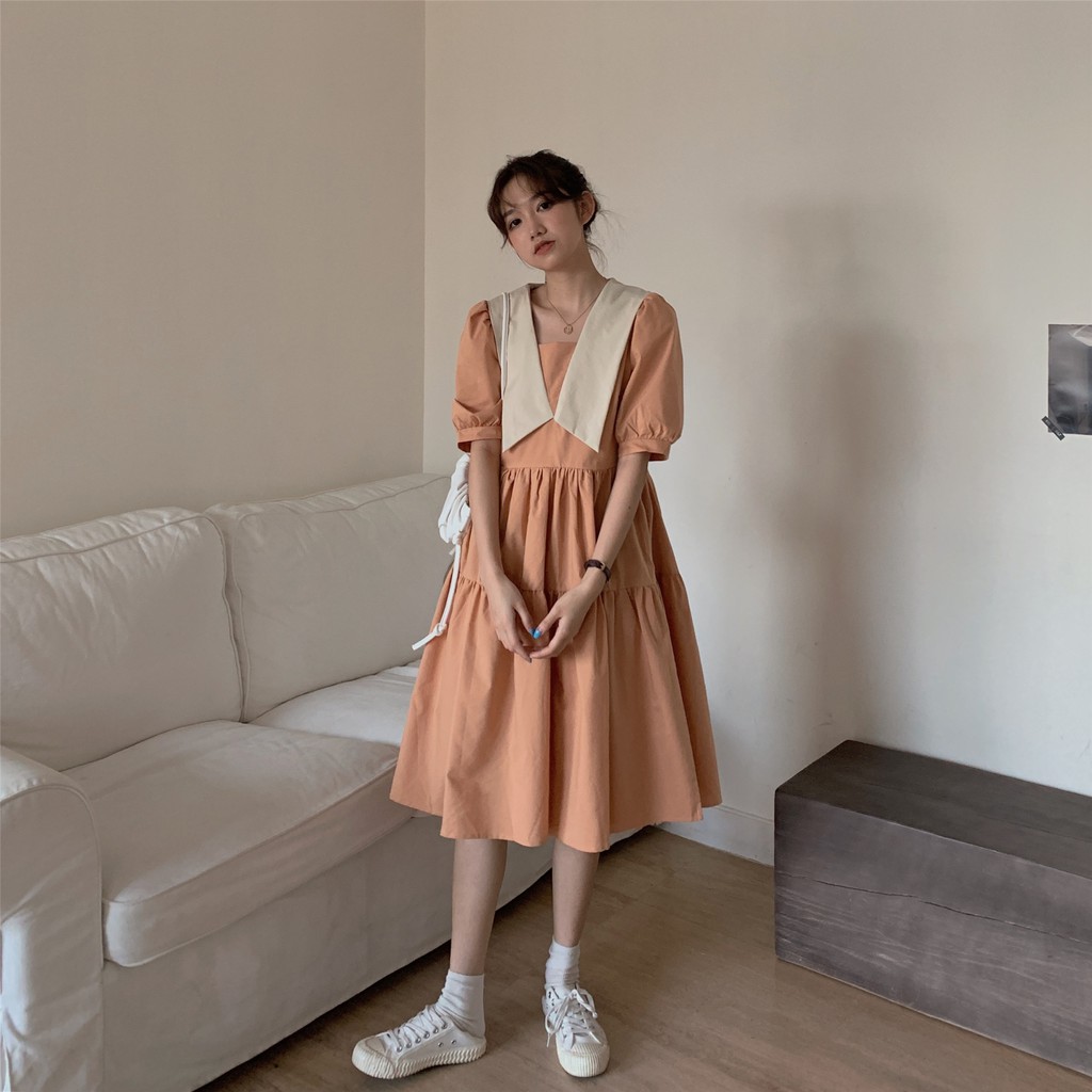 Váy xòe babydoll cộc tay cổ bẻ búp bê điệu đà ngọt ngào kiểu Pháp nhẹ nhàng