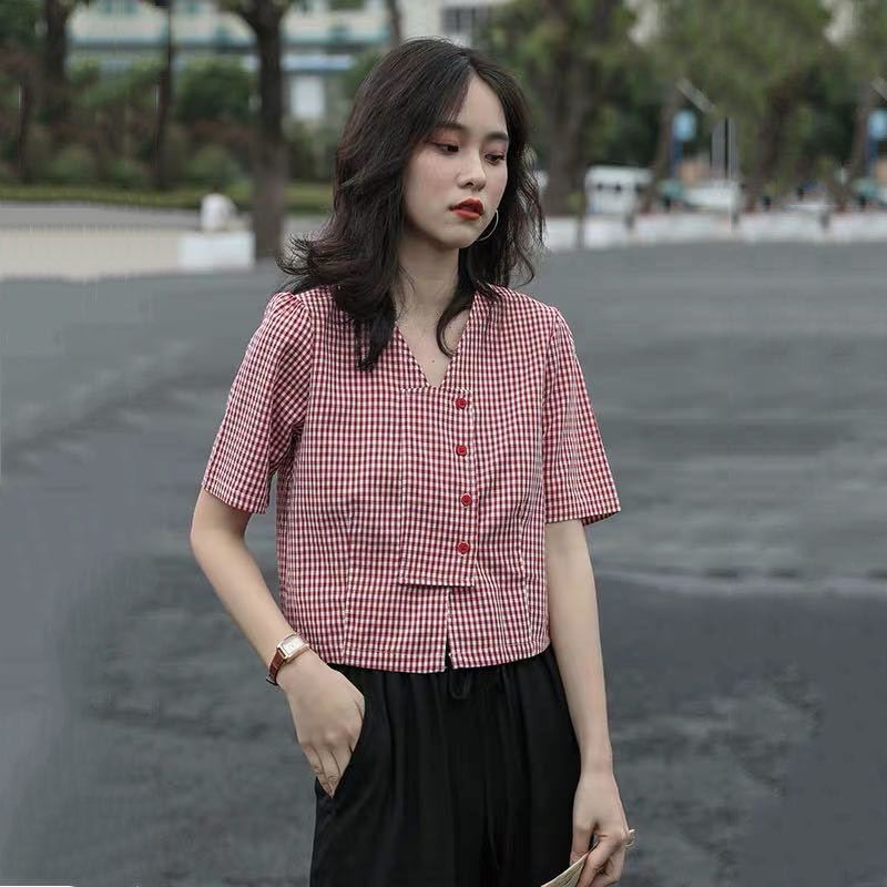 Áo Sơ Mi Cổ Chữ V Dáng Ôm Hoa Văn Kẻ Ô Thời Trang Mùa Hè 2022 Dành Cho Nữ