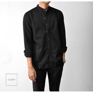 Áo sơ mi denim cổ trụ xanh bạc