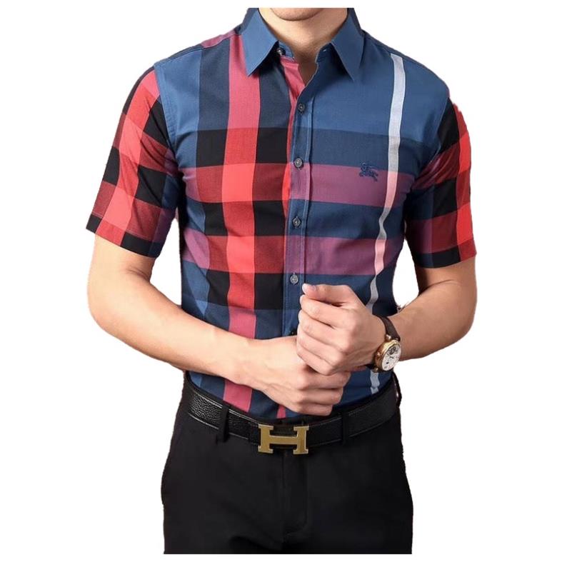 BURBERRY Áo Sơ Mi Caro Tay Ngắn Ôm Dáng Plus Size Phong Cách Âu Mỹ Cho Nam !