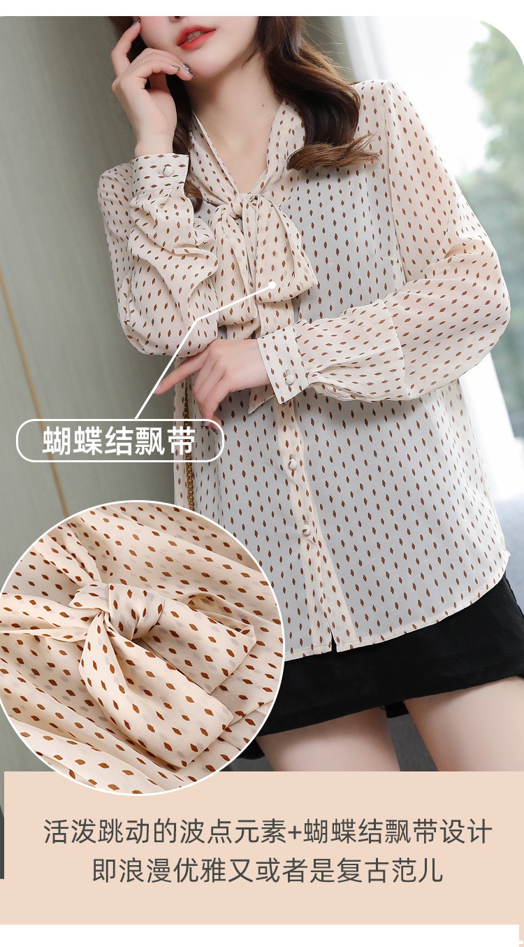 Áo Sơ Mi Chiffon Tay Dài Cổ Chữ V Họa Tiết Chấm Bi Phối Ruy Băng Dễ Thương Cho Nữ