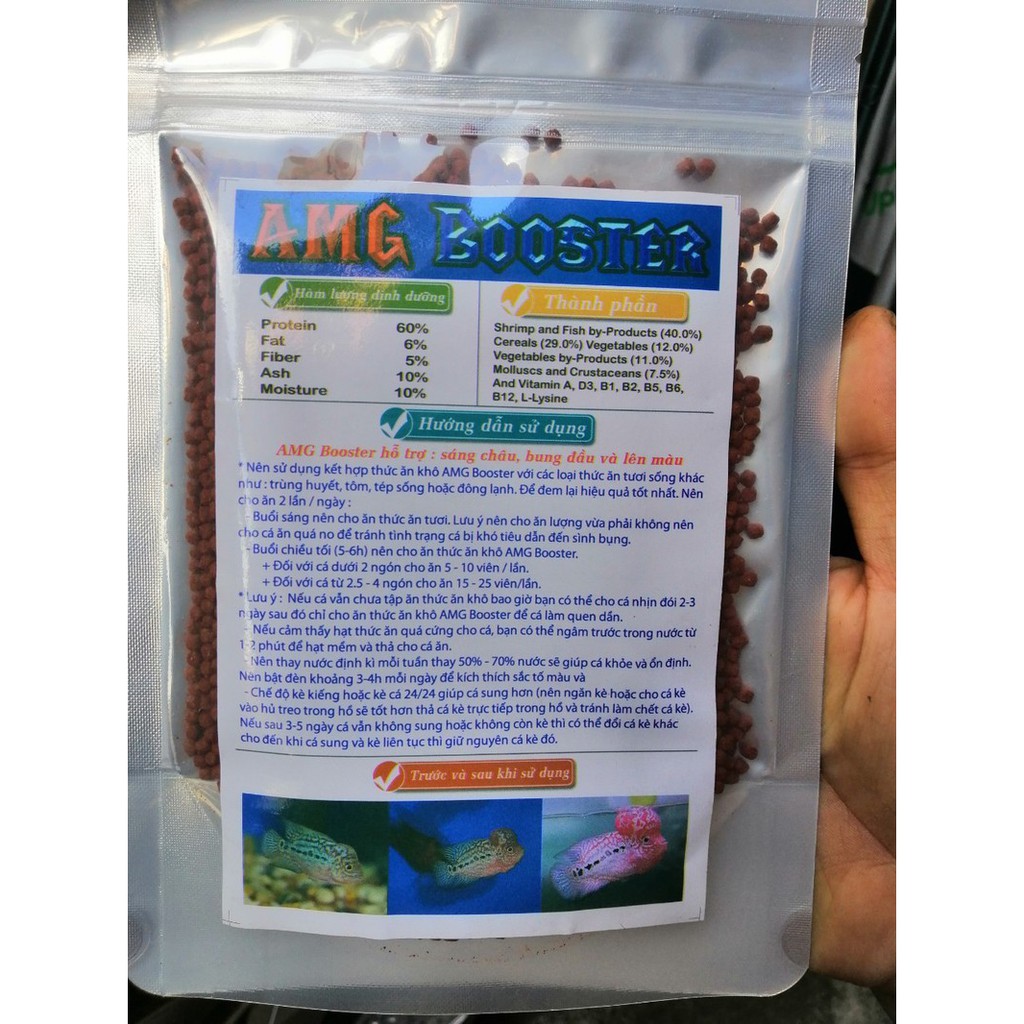 Thức ăn cho cá la hán AMG BOOSTER hỗ trợ sáng châu, bung đầu và lên màu, gói 100g