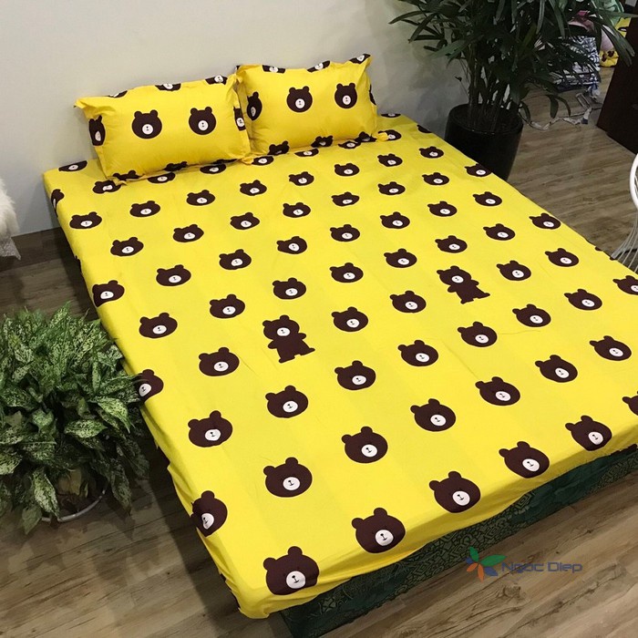 Bộ ga gối cotton EMMIBEDDING STORE mẫu gấu nền vàng set 3 món 1 ga và 2 vỏ gối nằm