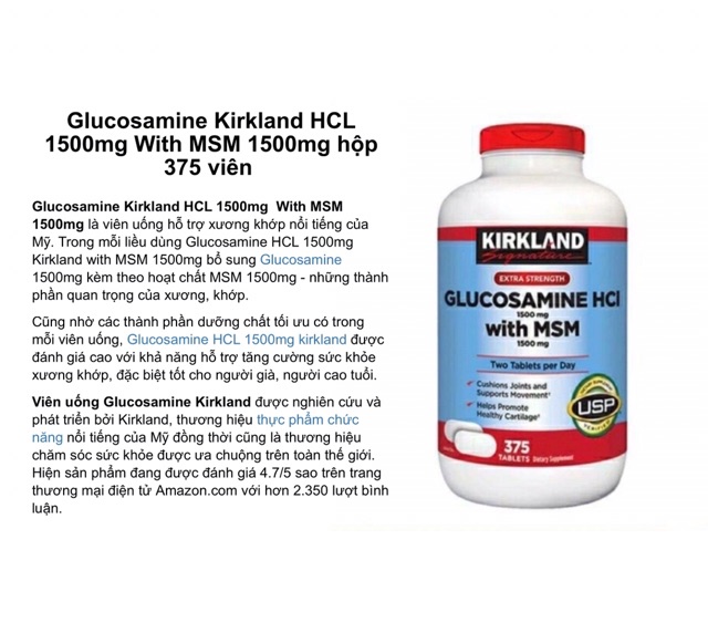 [Hàng Mỹ] Viên Uống Glucosamine HCL 1500mg Kirkland With MSM 1500mg Hộp 375 Viên