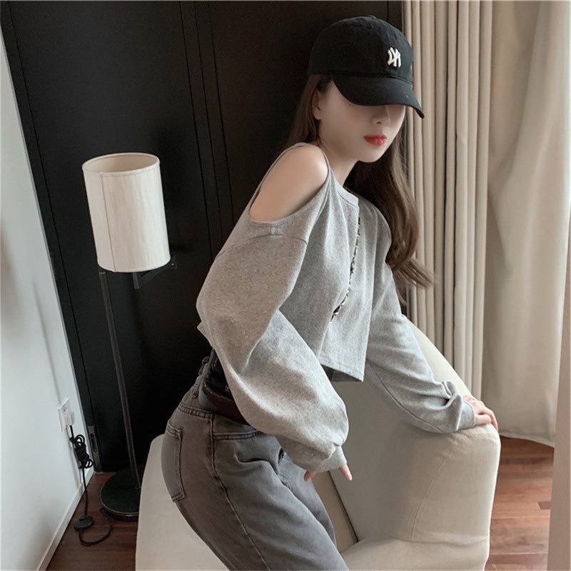 Áo Croptop Aimeehouse Áo thun nữ Tay Dài Trễ Vai Quyến rũ hàng Quảng Châu