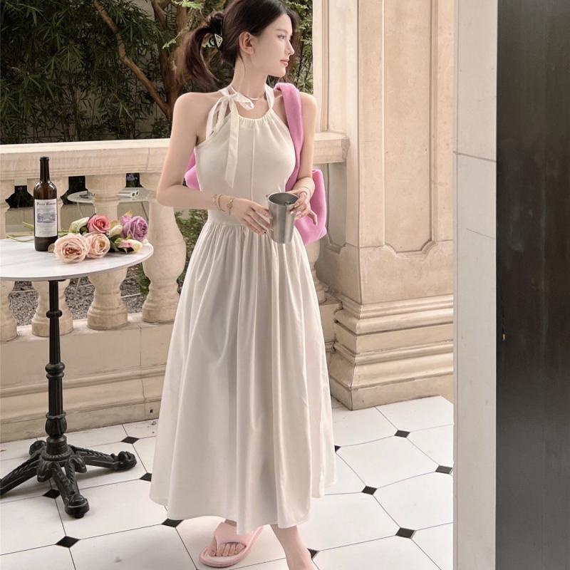 [MURIOKI] Đầm Trắng Dáng Dài Không Tay Thắt Nơ Phong Cách Hàn Quốc Thanh Lịch Dành Cho Nữ