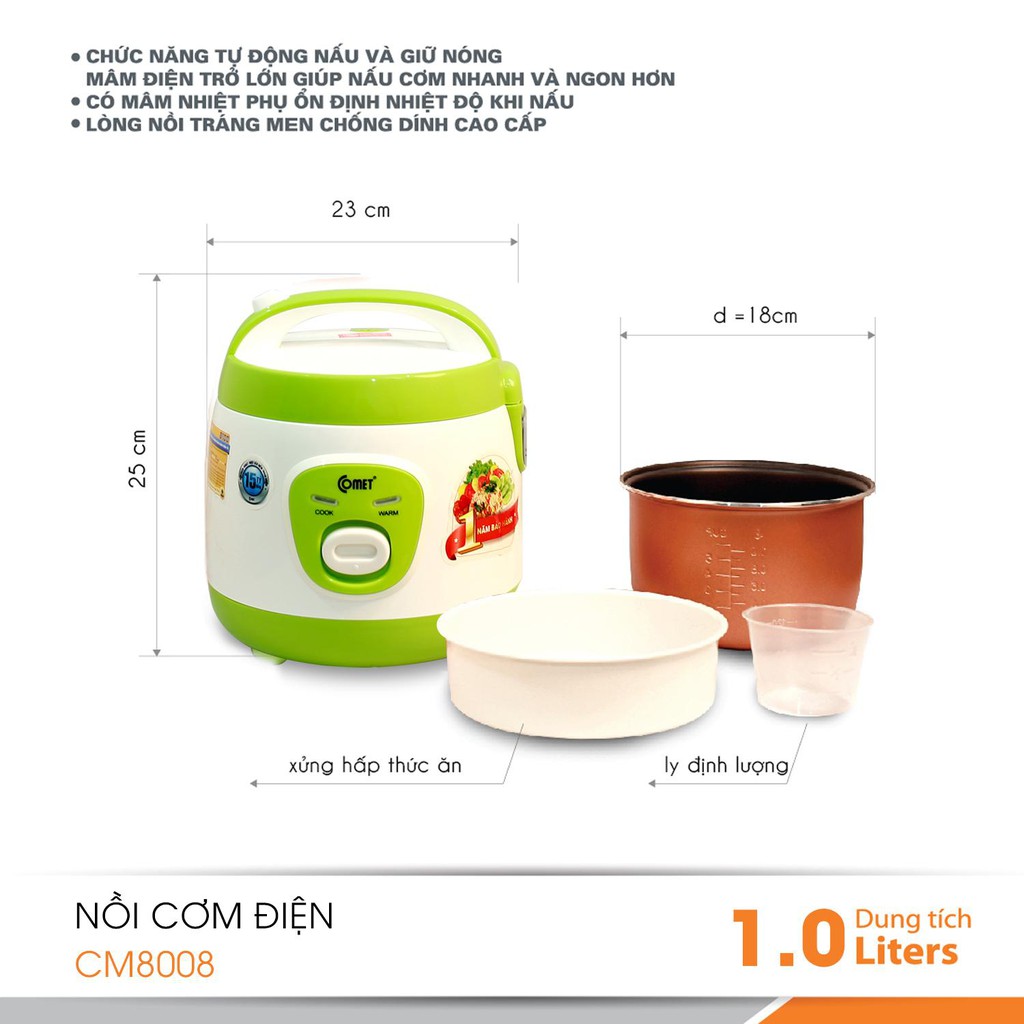 Nồi cơm điện nắp liền COMET CM8008 400W 1.0L