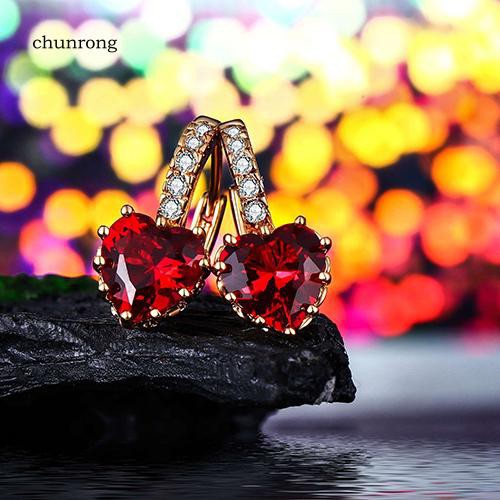Bông Tai Mạ Vàng 18K Đính Đá Zircon Hình Trái Tim Đỏ Thời Trang Cho Nữ