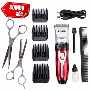 FreeShip | COMBO TÔNG ĐƠ CẮT TÓC GIA ĐÌNH JICHEN 0817 + BỘ KÉO CẮT TỈA | An Toàn - Tiện Lợi - C500