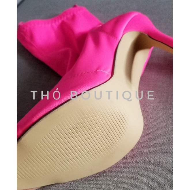 Giày bốt cao gót CRISTIAN SIRIANO vải thun co dãn mũi nhọn hở hồng sen mi nơ 11cm size 36-37