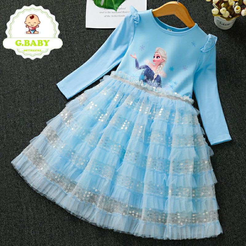 Váy Elsa Dài Tay Mẫu Mới Nhất 2020-2021 Chất Cotton Mịn Đẹp Cho Bé Gái