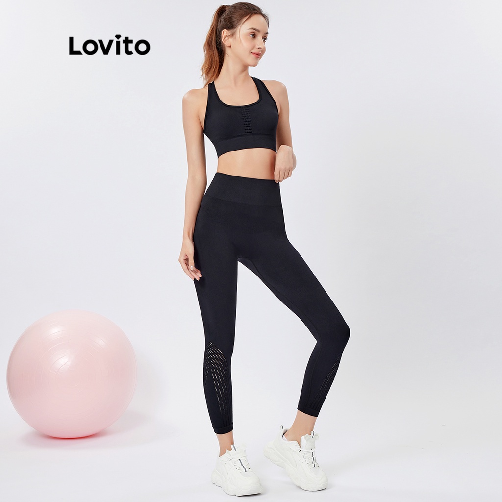 Set đồ thể thao Lovito màu trơn không đường may cơ bản phong cách năng động L26AD049 (màu đen)