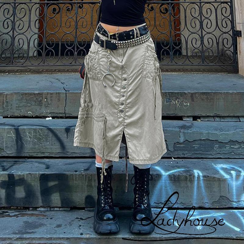 Ldd-đầm Dài Xẻ Tà Trước Màu Xám Trơn Có Nhiều Túi Dành Cho Nữ Size S / M / L