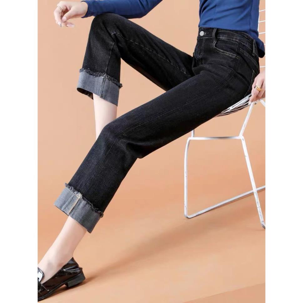 Quần jean nữ BIGSIZE ống suông rộng 9 tấc, lưng cao, co dãn mạnh, dành cho người béo 65kg~90kg 3508 🥇