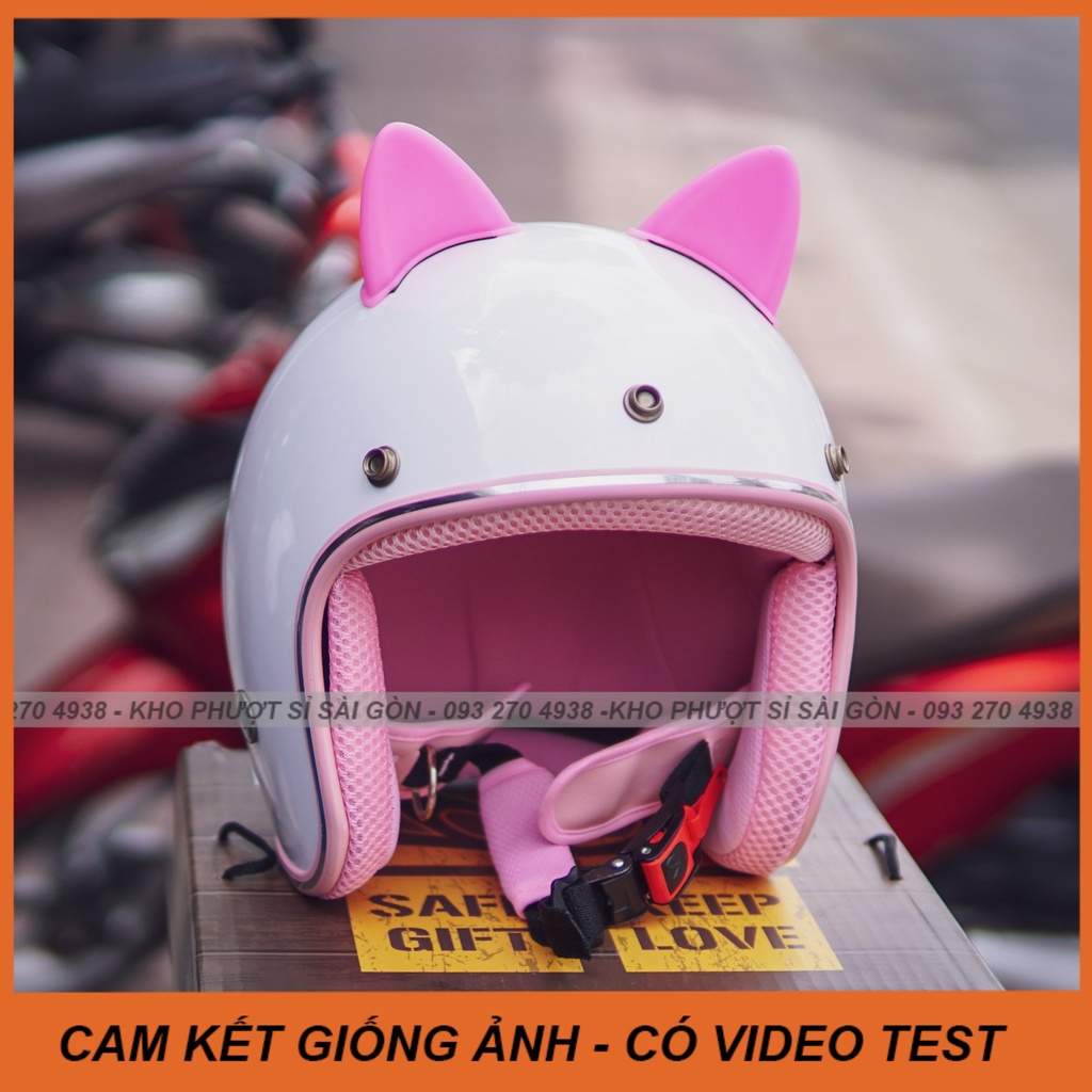 Mũ bảo hiểm 3/4 cho nữ màu trắng lót hồng kèm tai mèo nhựa hồng siêu cute - Nón 3/4 gắn tai